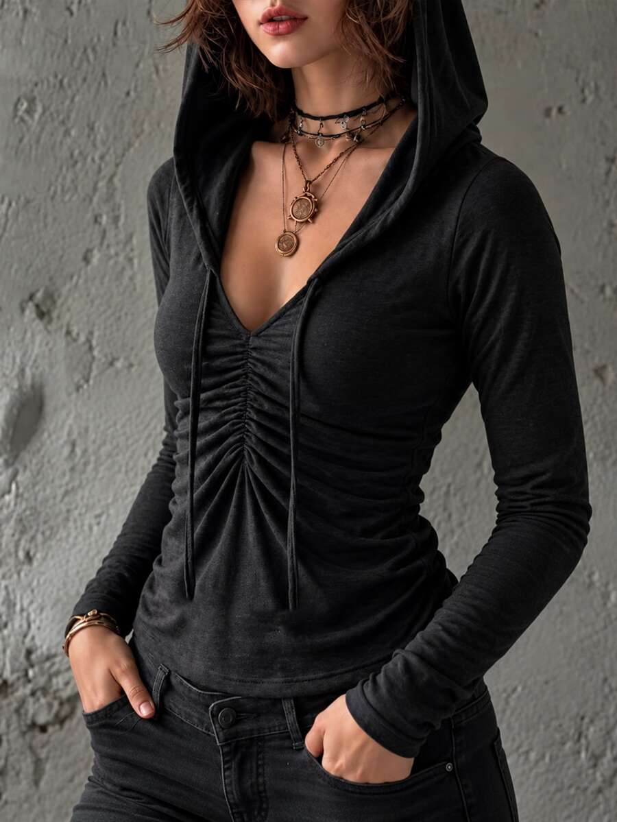 LUMIGAL Fall Clothes For Women Black Hooded Deep V Neck Drawstring Ruched Front Slim Long Sleeve Top - Black - View 1