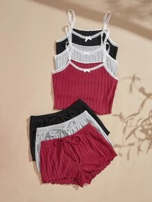 Lullawish Women's Comfortable Knit Ribbed Lace Camisole & Shorts Pajama Set 3-Piece - Multicolor - View 1