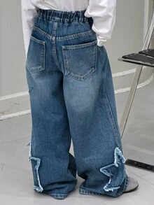 Dazy Kids Tween Girl) Casual Straight Leg Elastic Waist Star Decor Denim Jeans - Dark Wash - View 2