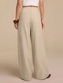 COSMINA Women's Casual Elegant Pleated Faux Linen Long Pants - Apricot - View 2