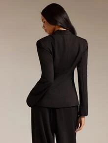 COSMINA Women's Blazer Jacket, Chinese Style Frog Button Stand Collar Long Sleeve White Contrast Color Button Decor Waist Cinched Autumn Winter Suit Jacket - Black - View 2