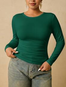 Freevana Plus Size Women's Black Long Sleeve Crew Neck Thermal Base Layer, Ruched Waist T-Shirt - Green - View 1