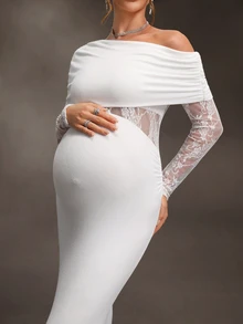 Cheriluna Maternity Maternity White Knit Contrast Lace Elegant Dress For Photography - White - View 4