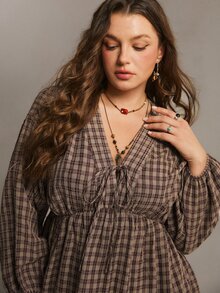 Freevana Plus Size Women's Autumn/Winter Plaid Long Sleeve Casual Elegant Dress - Brown - View 4