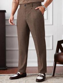 Core Aspect Men's Solid Color Casual Commute Suit Pants With Pockets - Brown - View 1