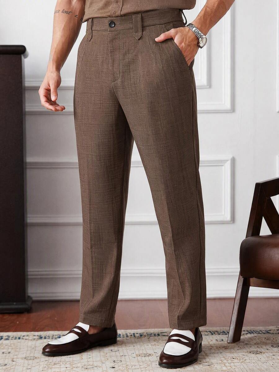 Core Aspect Men's Solid Color Casual Commute Suit Pants With Pockets - Brown - View 1