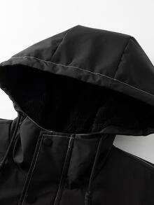 Manfinity Homme 男士黑色對比縫線保暖內裡連帽工作夾克，拉鍊冬季外套，日常與戶外雙用途 - 黑色 - 查看 4