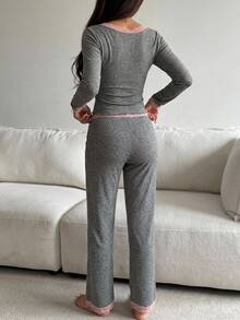 DAZY 2pcs/Set Women's Lace Patchwork Square Neck Fitted Long Sleeve T-Shirt & Long Pajama Pants Sleepwear Set - Grey - View 2