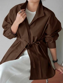 Dazy-Less Women's Loose Business Casual Office Work Commute Long Sleeve Shirt With Waist Belt Drawstring Tie Design, Minimalist Solid Color, Spring/Summer/Autumn - Brown - View 5