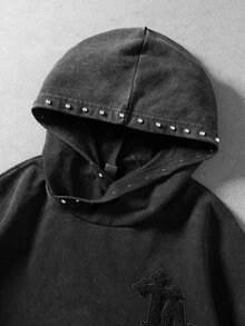 ROMWE MEN Street Life 男士重磅水洗做舊毛巾刺繡深色休閒連帽衛衣 - 黑色 - 查看 7