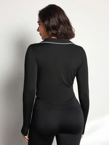 Easithlete Women's Half-Zip Long Sleeve Sports Polo Shirt - Black - View 2