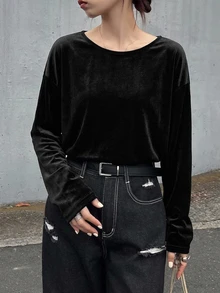 FRIFUL Women's Solid Color Casual Versatile Daily Long Sleeve Sweatshirt - Black - View 6