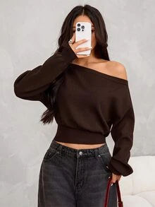 SHEIN PETITE 女款純色不對稱肩休閒性感優雅百搭日常長袖針織衫，適合夜晚外出與早午餐，黑色，秋季 - 棕色 - 查看 5