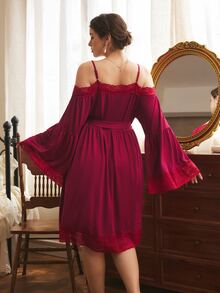 Côtesoire Elegant Sexy Romantic Off-Shoulder Deep V-Neck Lace Patchwork Tie-Up Knit Plus Size Nightgown - Burgundy - View 4