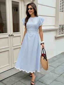 Serisse 女款格紋圓領荷葉邊短袖優雅長洋裝 - 彩色 - 查看 6
