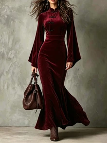 SHEIN Women's Autumn/Winter Solid Color Stand Collar Frog Button Long Sleeve Elegant Dress - Burgundy - View 3