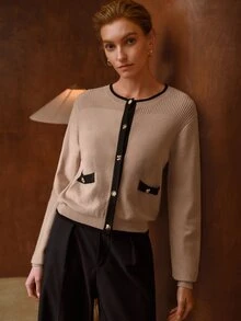 MOTF PREMIUM WOMEN'S COLORBLOCK LONG SLEEVE SINGLE-BREASTED CASUAL KNIT CARDIGAN - Khaki - View 6