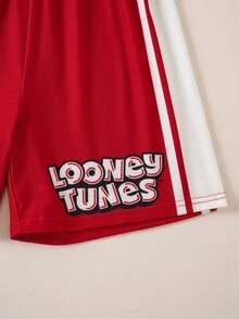 LOONEY TUNES X SHEIN Bộ đồ casual cho bé trai tuổi tween gồm áo thun cổ tròn tay ngắn và quần short - Đỏ - Xem 7