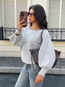 FavEase Women's Solid Color Boat Neck Hollow Out Batwing Long Sleeve Loose Sweater - Grey - View 5
