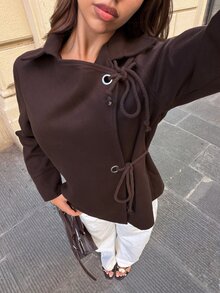 Siren Gaze Women's Grey Asymmetric Oversized Overcoat With Drawstring Detail - Brown - View 7