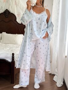 CottageSlumber Plus Size Women's Striped Floral Print Camisole Top, Long Pants And Long Sleeve Robe Pajama Set, Lace Trim Patchwork Design, All Season Sleepwear, Comfortable Homewear - Blue - View 4