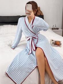Napfluff Casual Plaid Fleece Print Contrast Color Red Trim Lapel Long Sleeve Women's Loungewear Robe - Baby Blue - View 7