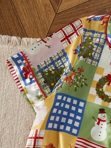 Dream Adore Vintage Plaid Christmas All-Over Print Lapel Cardigan Faux Silk Short Sleeve Pants Set - Multicolor - View 6
