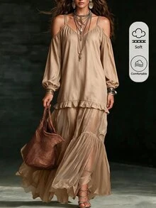 Omancia Women's Khaki Cold Shoulder Chiffon Dress, V Neck Spaghetti Strap Lantern Sleeve, Ruffle Tiered Hem, Flowy Soft Boho Vacation Fall Dress - Khaki - View 4