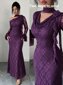 Modelyn Đầm nữ ôm dáng màu tím đậm, ống loe, tay dài, cổ đổ, đính nơ ren và hoa 3D, họa tiết thiết kế phong cách lãng mạn thanh lịch cho tiệc tối mùa thu - Màu tím - Xem 5
