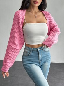SHEIN PETITE 女款素色長袖無袖休閒針織開襟衫 - 粉色 - 查看 7