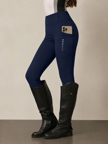 Dewbera Dewbera 女款秋季運動馬術長褲，黑色緊身常規腰頭，附耳環設計，側邊口袋，反光波點，優化版型，9/10分長 - 藏蓝色 - 查看 4