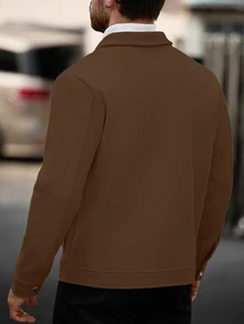 Manfinity CasualCool 男士純色休閒商務街頭風長袖外套，秋季棕色鈕扣大衣，感恩節俱樂部度假款 - 棕色 - 查看 2