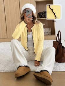 CovetEZ Women's Long Sleeve Single-Breasted Casual Versatile Knit Cardigan - Light Yellow - View 4