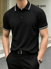 JOLTRO 男士條紋短袖休閒通勤 Polo 衫 - 黑色 - 查看 4