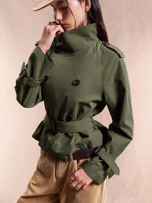 Easelle Vintage French Elegant Nomadic High Collar Cinched Waist Button Up Women Trench Coat Women Trench Coat Cinched Waist Office Everyday Olive Green Fall - Army Green - View 6