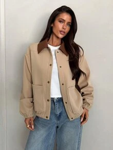 Aloruh 女款優雅休閒通勤麂皮人造毛拼接棕色收腰長版夾克，秋冬長袖老錢風 - 棕色 - 查看 4