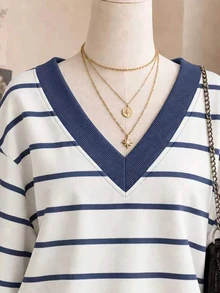 SHEIN Plus Size Women V-Neck Striped Casual Daily Wear Sweatshirt - Multicolor - View 5