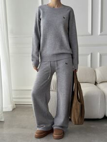 DAZY Women's 2 Pieces Set: Embroidered Pattern Loose Long Sleeve Pullover Sweater & Straight Leg Pants, Casual Vacation Korean Street Style, Thickened Autumn/Winter - Grey - View 3