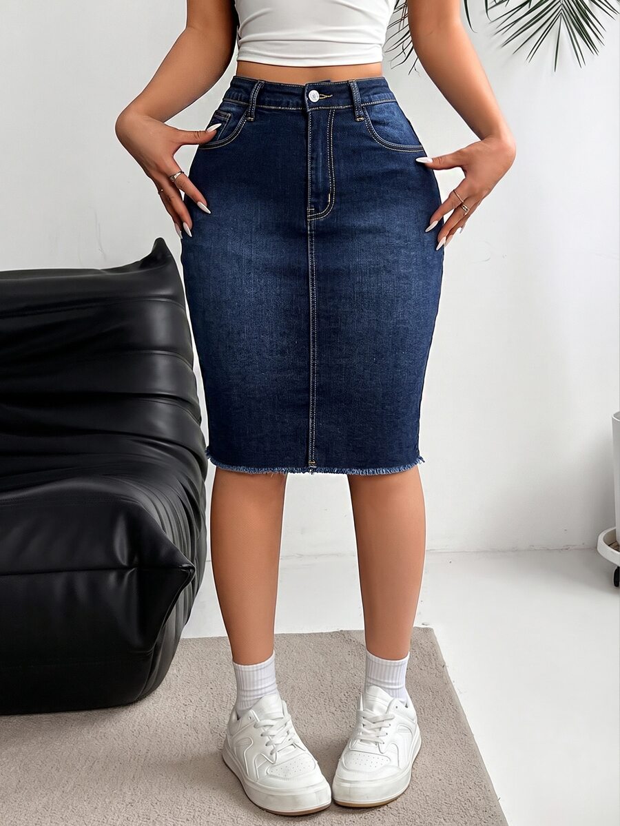 EMERY ROSE Plus Size Women's Casual Daily Denim Skirt With Pockets And Buttons - Blue - View 1