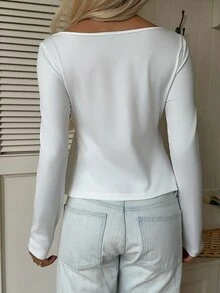 CovetEZ 女款蕾絲拼接百褶休閒浪漫優雅日常約會長袖T恤 白色棉質上衣 - 白色 - 查看 5