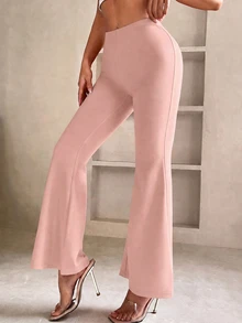 SHEIN PETITE 純色喇叭褲腿春季黑色長褲 - 粉色 - 查看 3