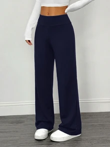 SHEIN PETITE 2pcs Women's Casual Minimalist High Waist Folded Wide Leg Straight Long Pants Suitable For Summer - Multicolor - View 4