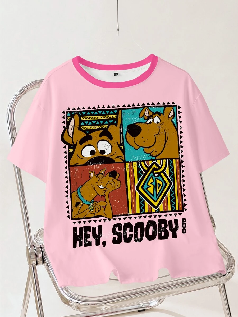 SCOOBY-DOO X SHEIN Plus Size Cartoon Print Round Neck Short Sleeve T-Shirt - White - View 1