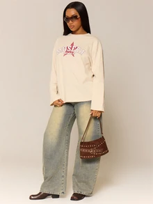 MUSERA 白色圖形 Logo 細節長袖上衣 冬季休閒日常舒適穿搭 女款酷白色上衣 - 杏色 - 查看 2