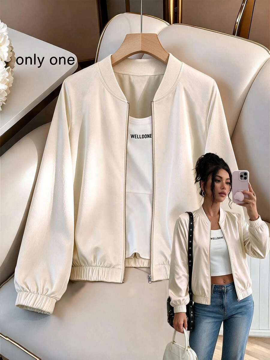 Elenzga Plus Size Women's Casual Minimalist Light Coffee Solid Color Lightweight Short Baseball Jacket, Suitable For Spring And Autumn, Daily Outdoor Wear - Multicolor - View 1