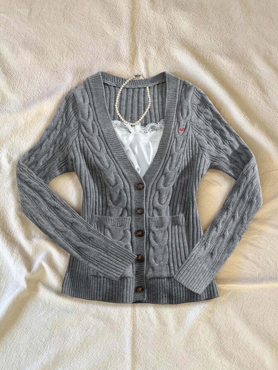 Sweetra Autumn/Winter New Plus Size Women's Cable Knit Long Sleeve Single-Breasted Cardigan - Grey - View 1