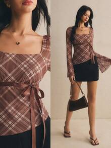 Poéselle Women's Plaid Square Neck Raglan Flare Sleeve Fashion Top - Brown - View 3