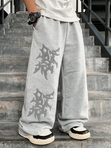 SHEIN Kids Tween Boy Casual Daily Versatile Comfortable Grey Embroidered Pattern Printed Straight Leg Loose Fit Sweatpants, Suitable For Back To School, Birthday Party, Evening Event, Performance, Wedding, Baptism, Opening Ceremony And Other Occasions, Comfortable For Daily Wear, Suitable For School, Travel, Sports, Suitable For Spring, Summer, Autumn, Winter. - Grey - View 5