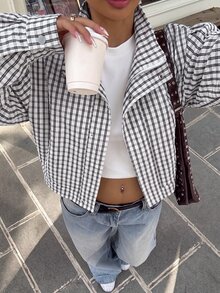 Muchica 女款格紋休閒百搭日常長袖夾克 - 藏蓝色 - 查看 1