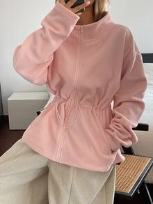 DAZY Women's Colorblock Half-High Neck Button-Front Loose Drop Shoulder Long Sleeve Casual Versatile Sweatshirt - Pink - View 5